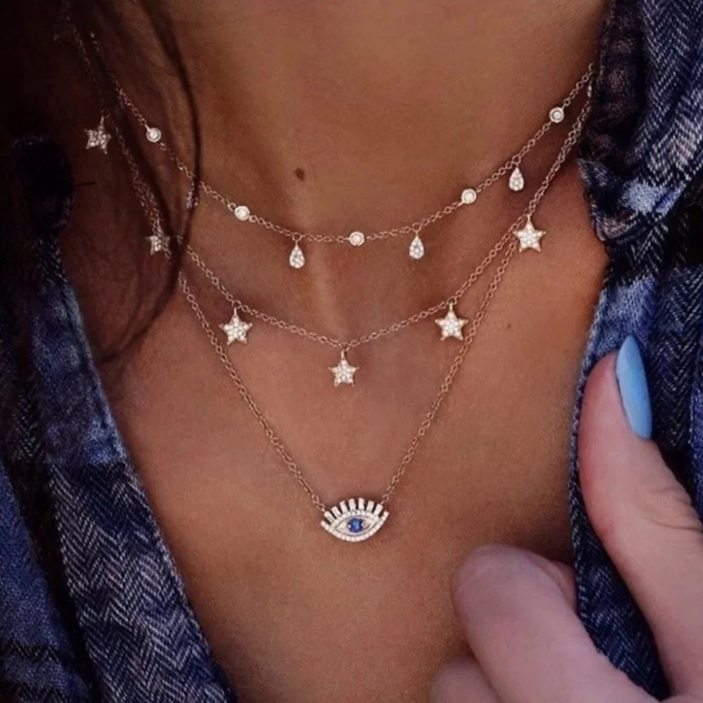 Gold Rhinestone Evil Eye Chain Necklace
